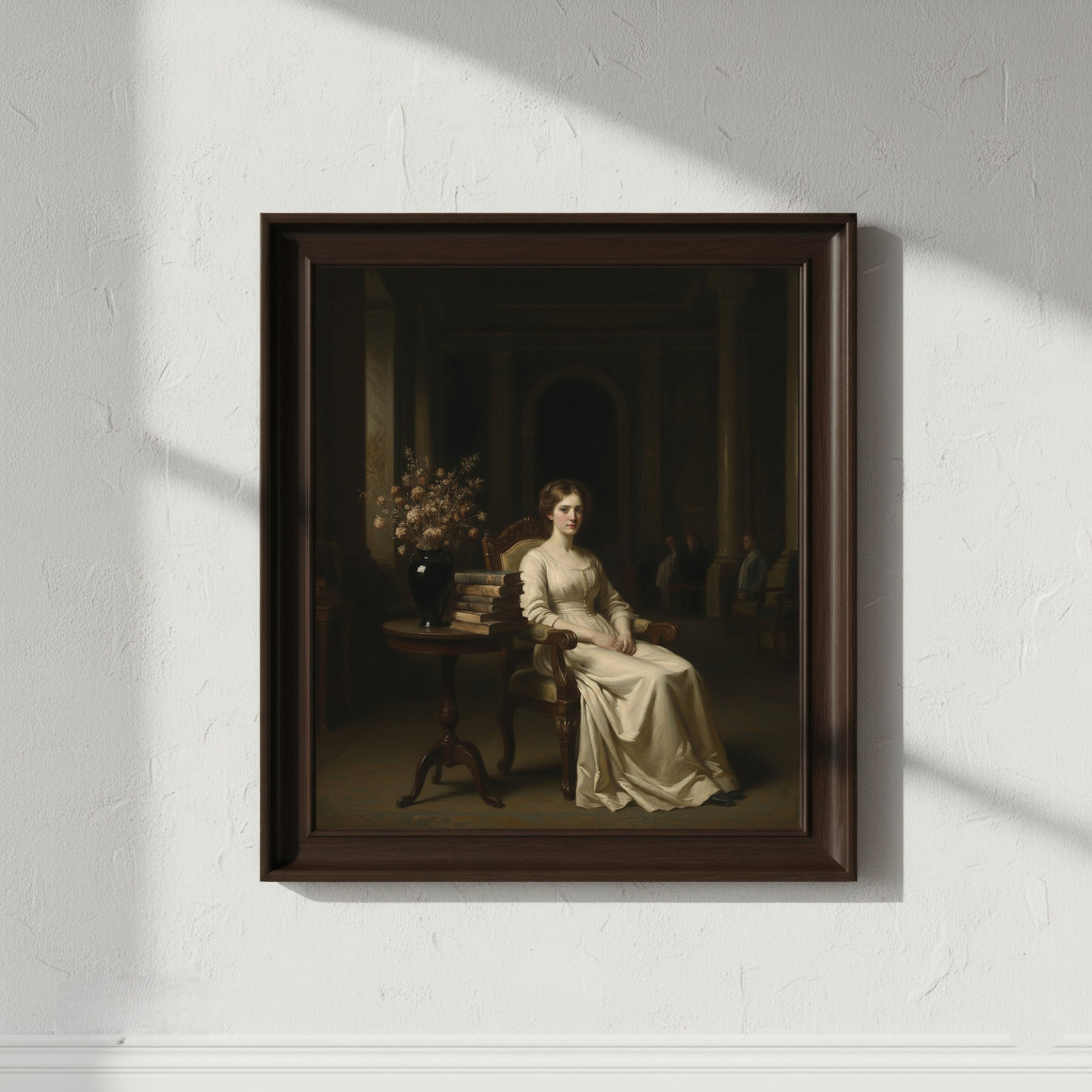 elegant vintage woman reading in classic library