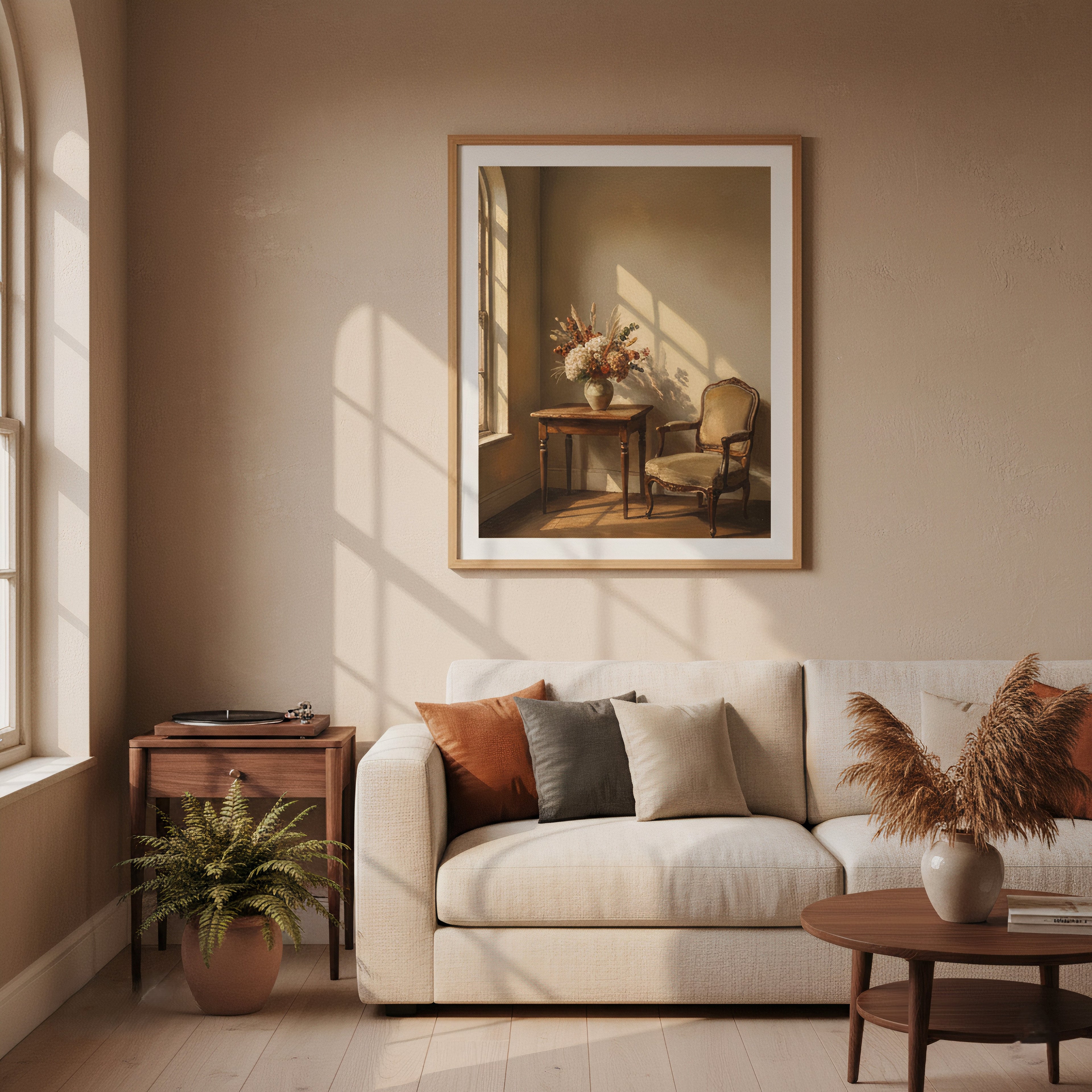 cozy room scene with chair and vase in afternoon light