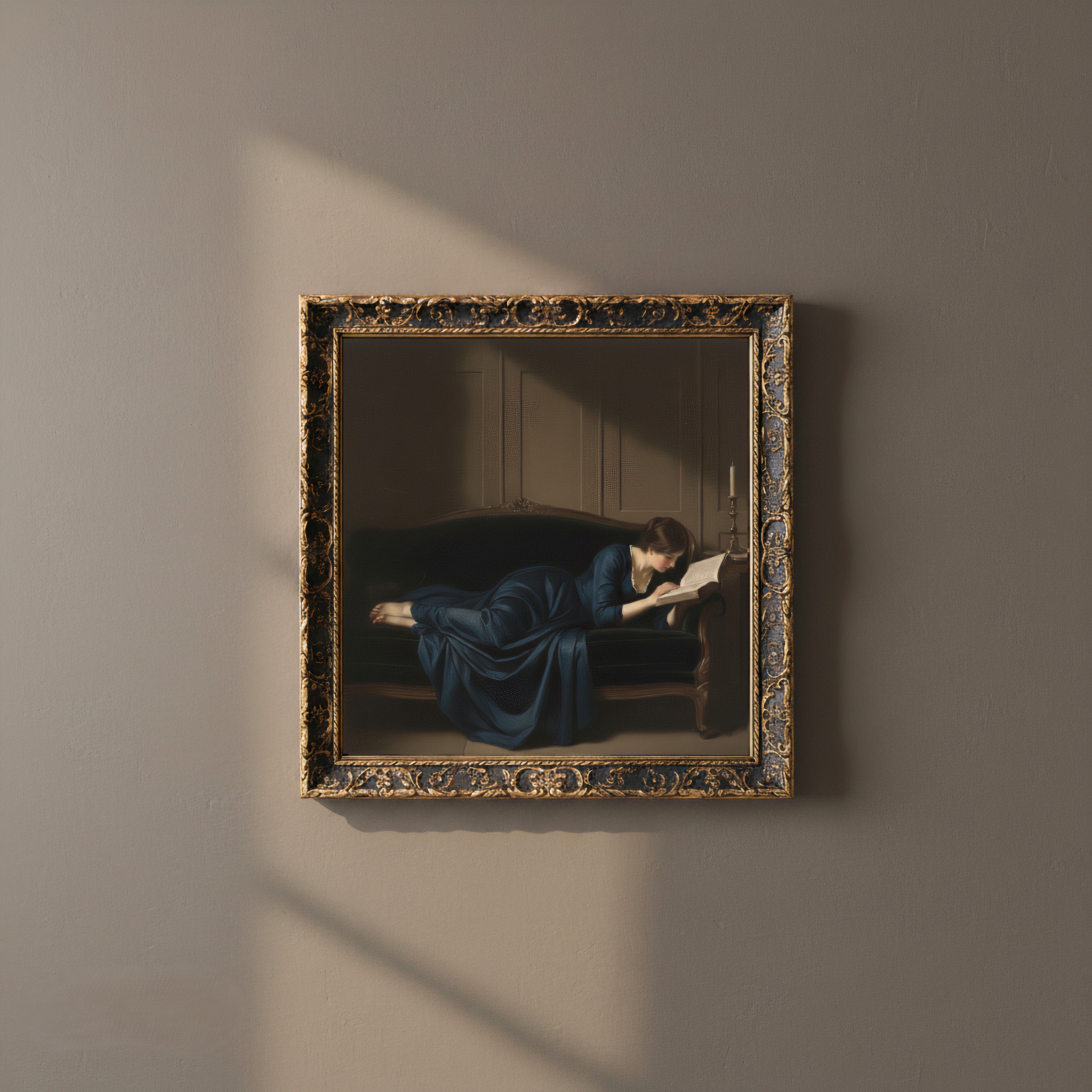 vintage lady reading books in soft warm light