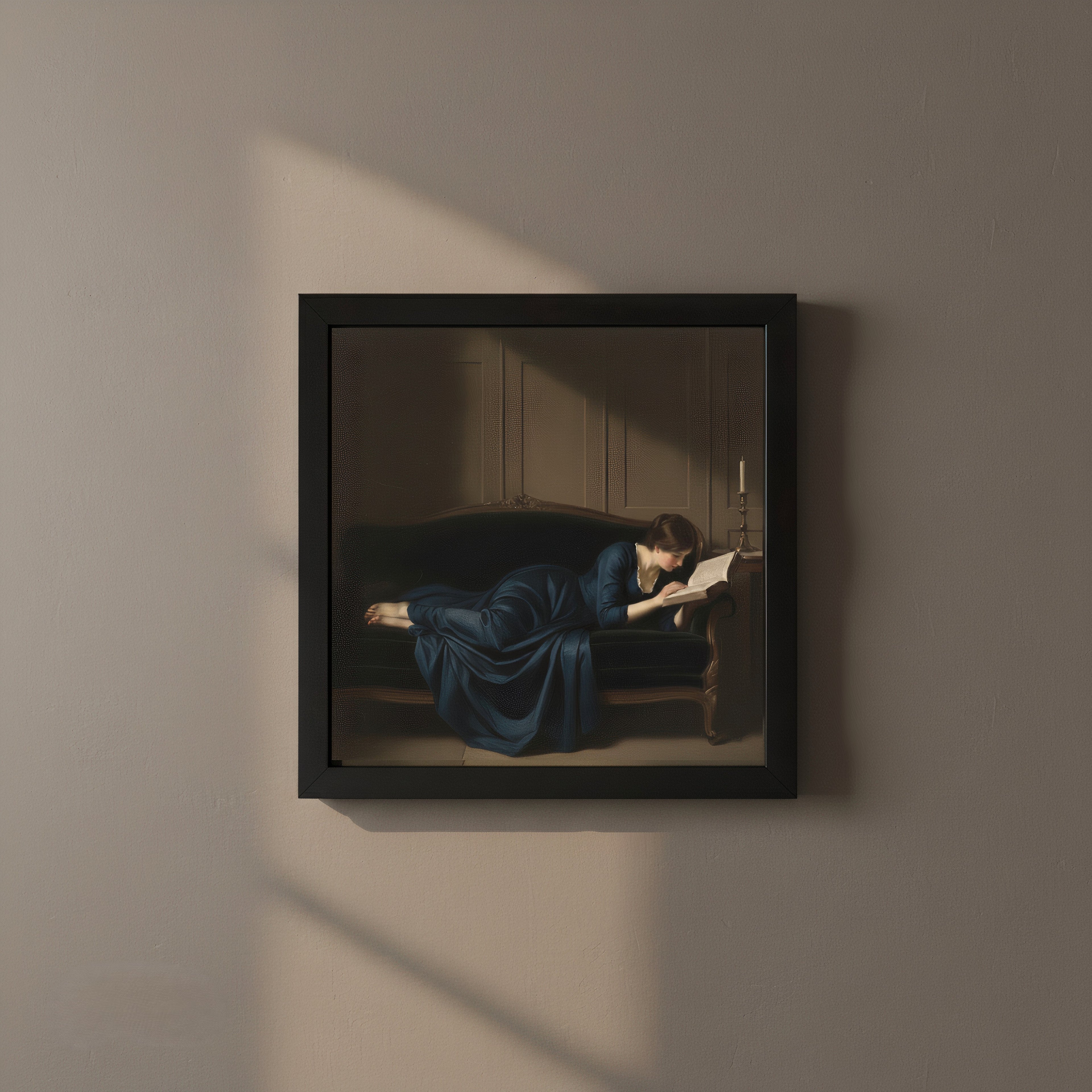 vintage lady reading books in soft warm light
