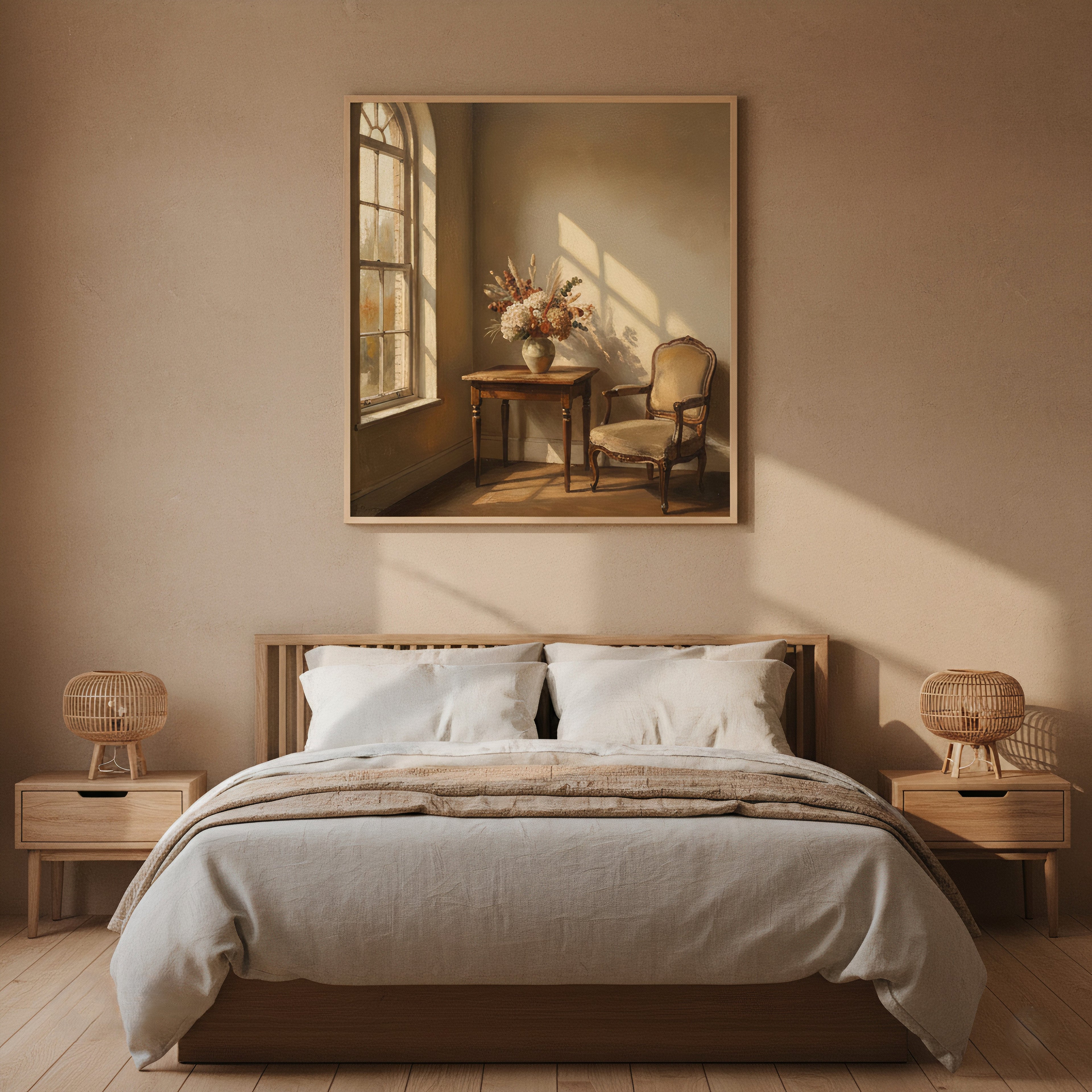 cozy room scene with chair and vase in afternoon light